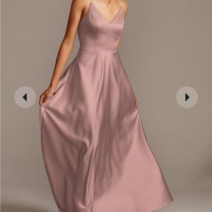 spaghetti strap satin a-line long bridesmaid dress David’s bridal